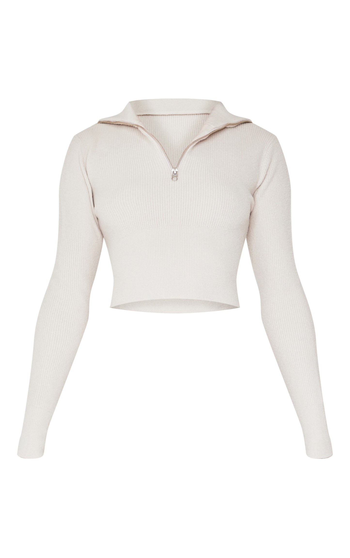 Slate Grey Soft Knit Zip Up Roll Neck Cropped Sweater