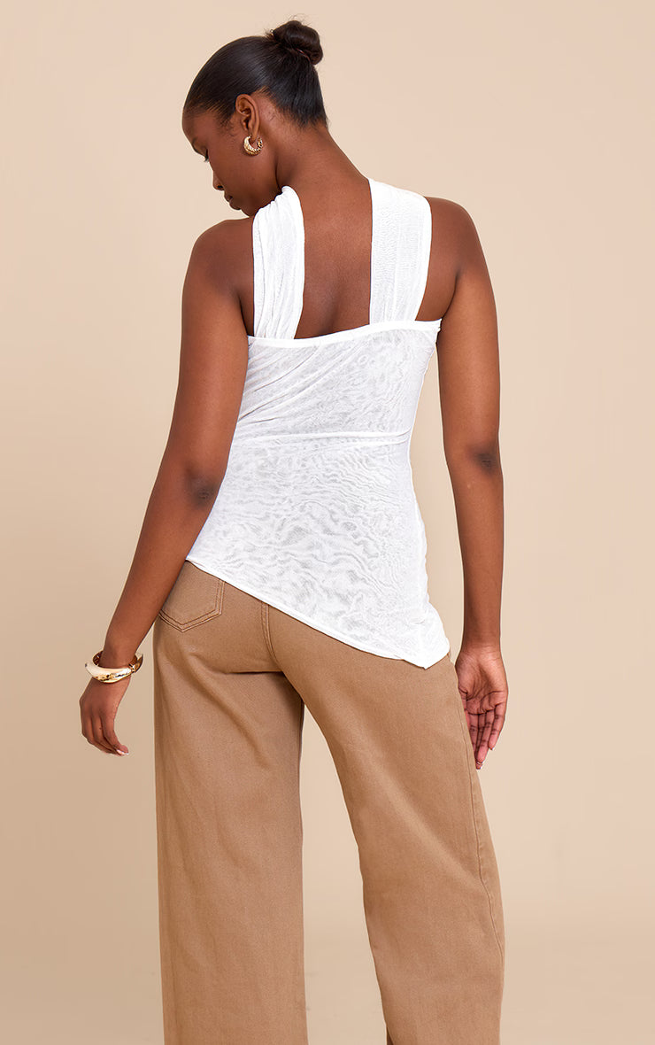 Cream Crinkle Mesh Scarf Detail Asymmetric Long Top