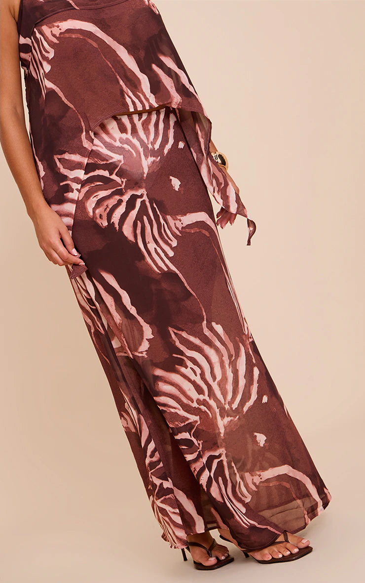 Plus Brown Chiffon Floral Mid Rise Tie Side Maxi Skirt