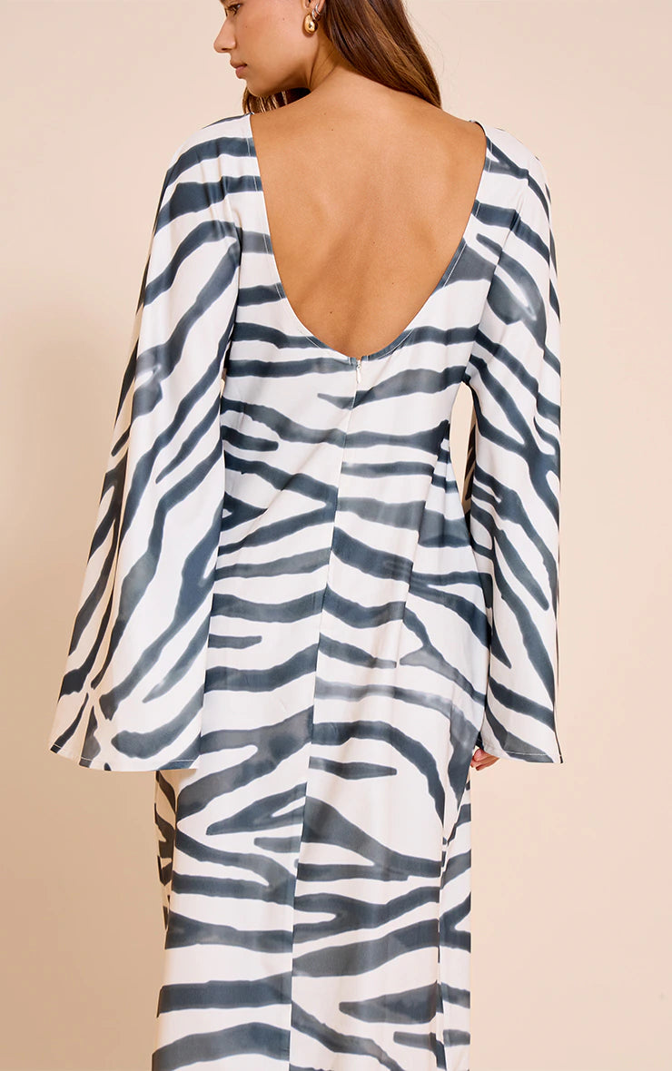 Zebra Print Floaty Woven Flared Sleeve Maxi Dress