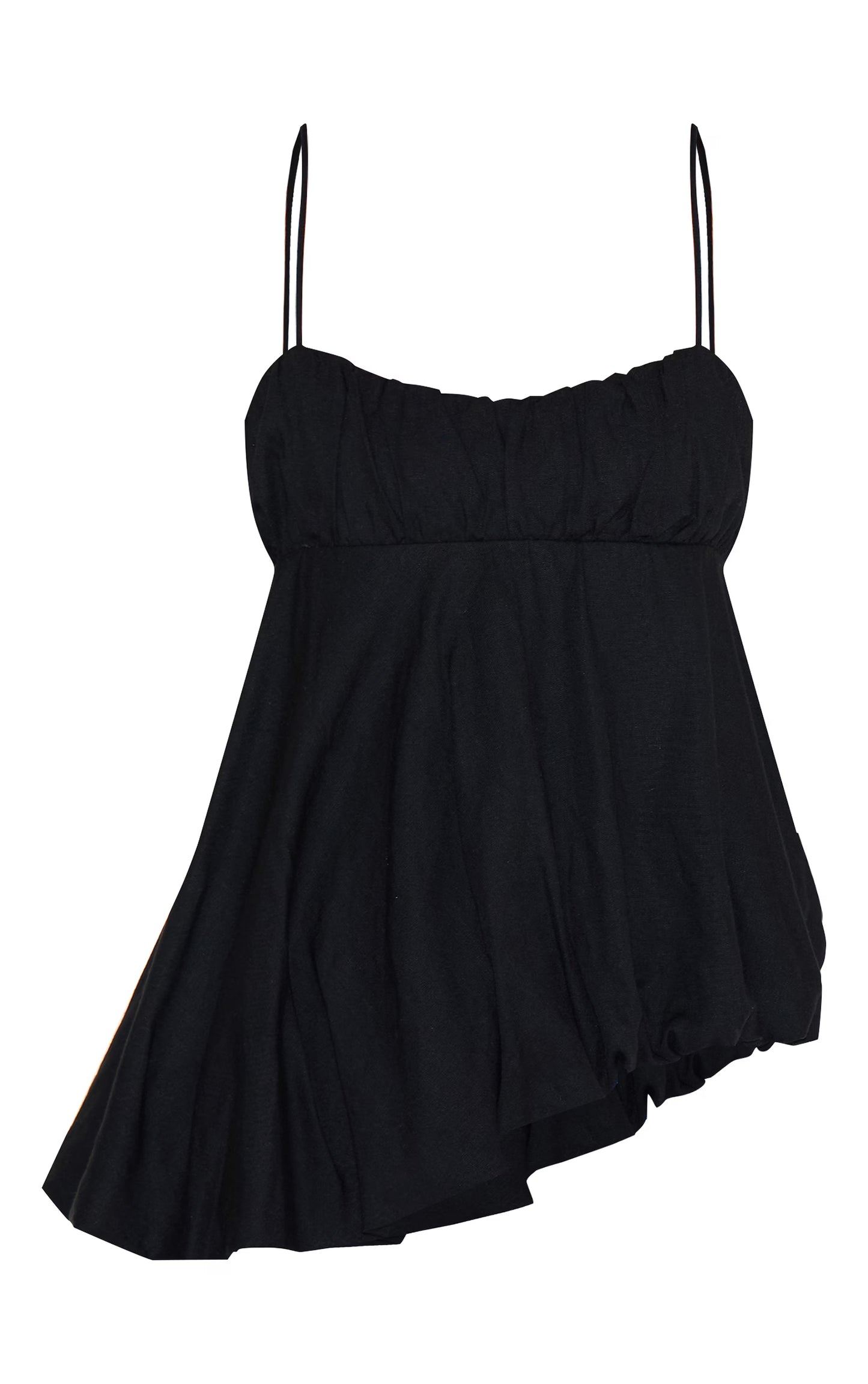 Black Linen Blend Puff Ball Asymmetric Cami