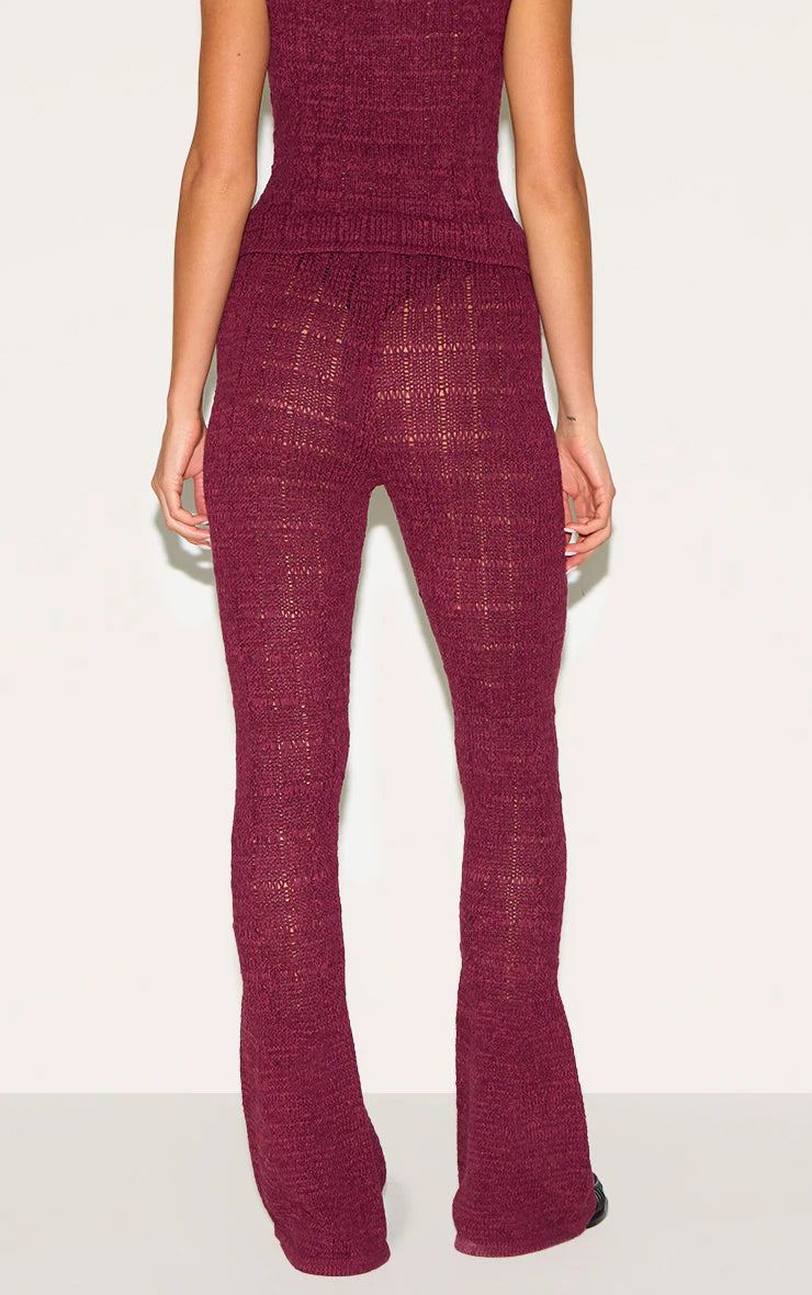 Wine Textured Filigree Knit Wide Leg Pants