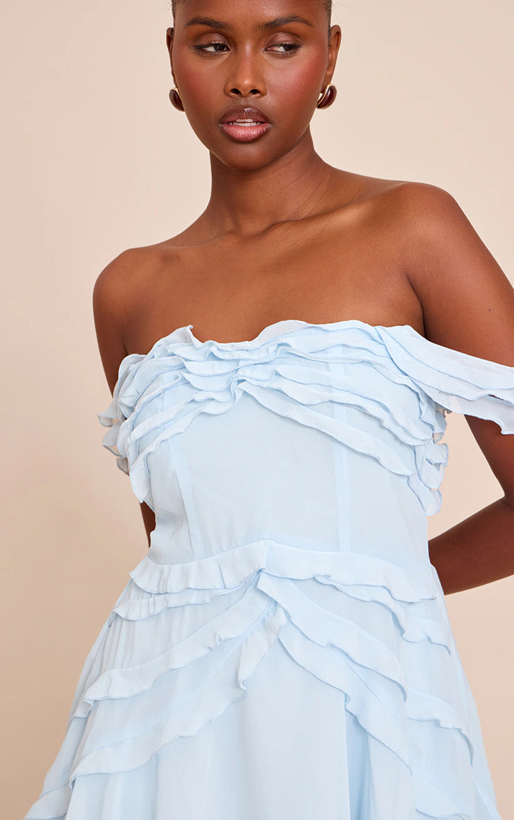 Baby Blue Bardot Frill Details Shift Dress