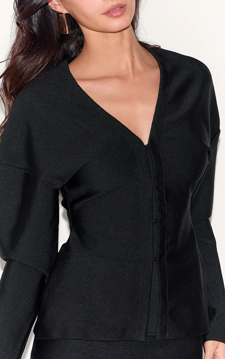 Black Knitted Tailored Hook And Eye Cardigan