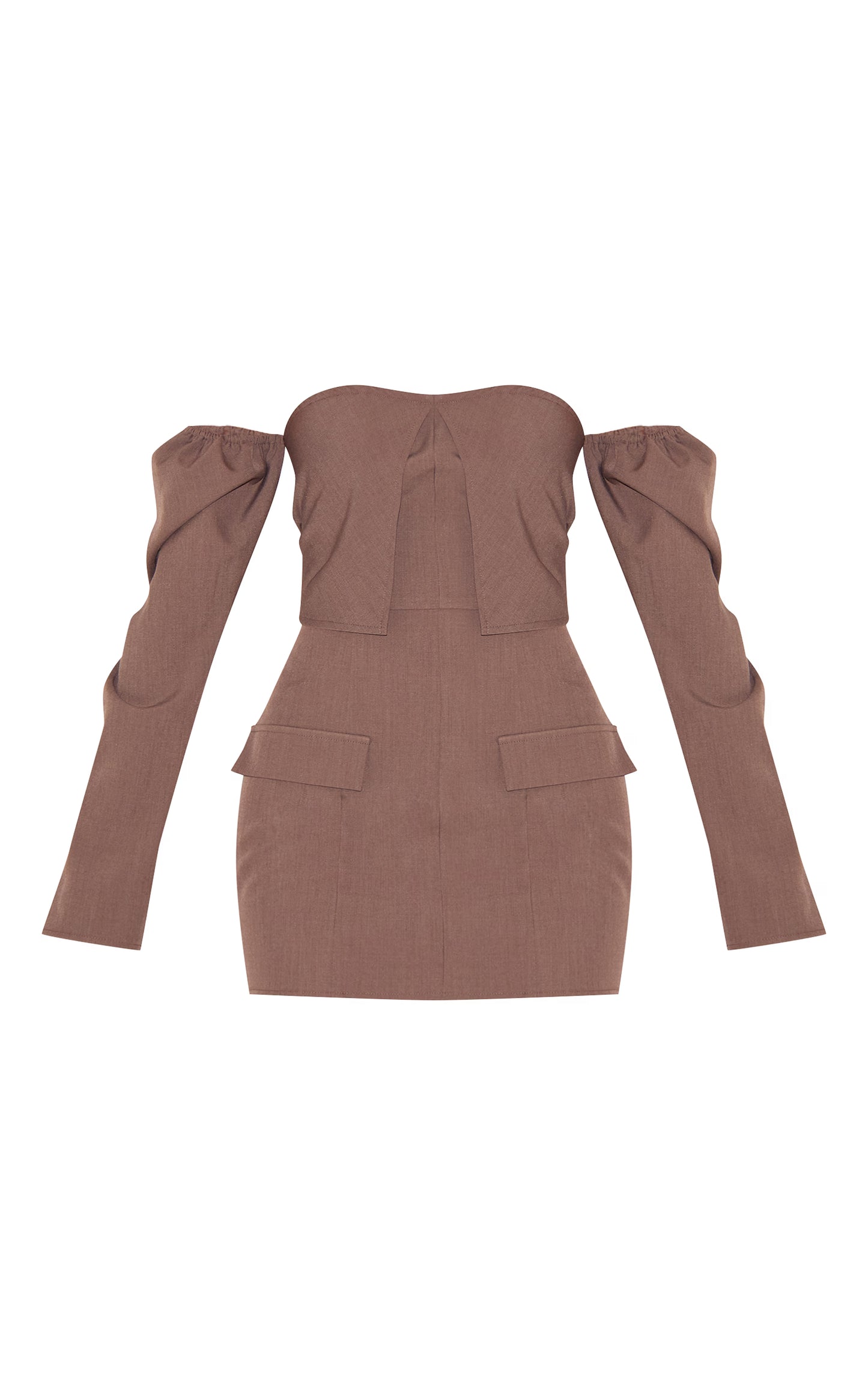 Mushroom Woven Tailored Long Sleeve Bardot Pocket Detail Mini Dress