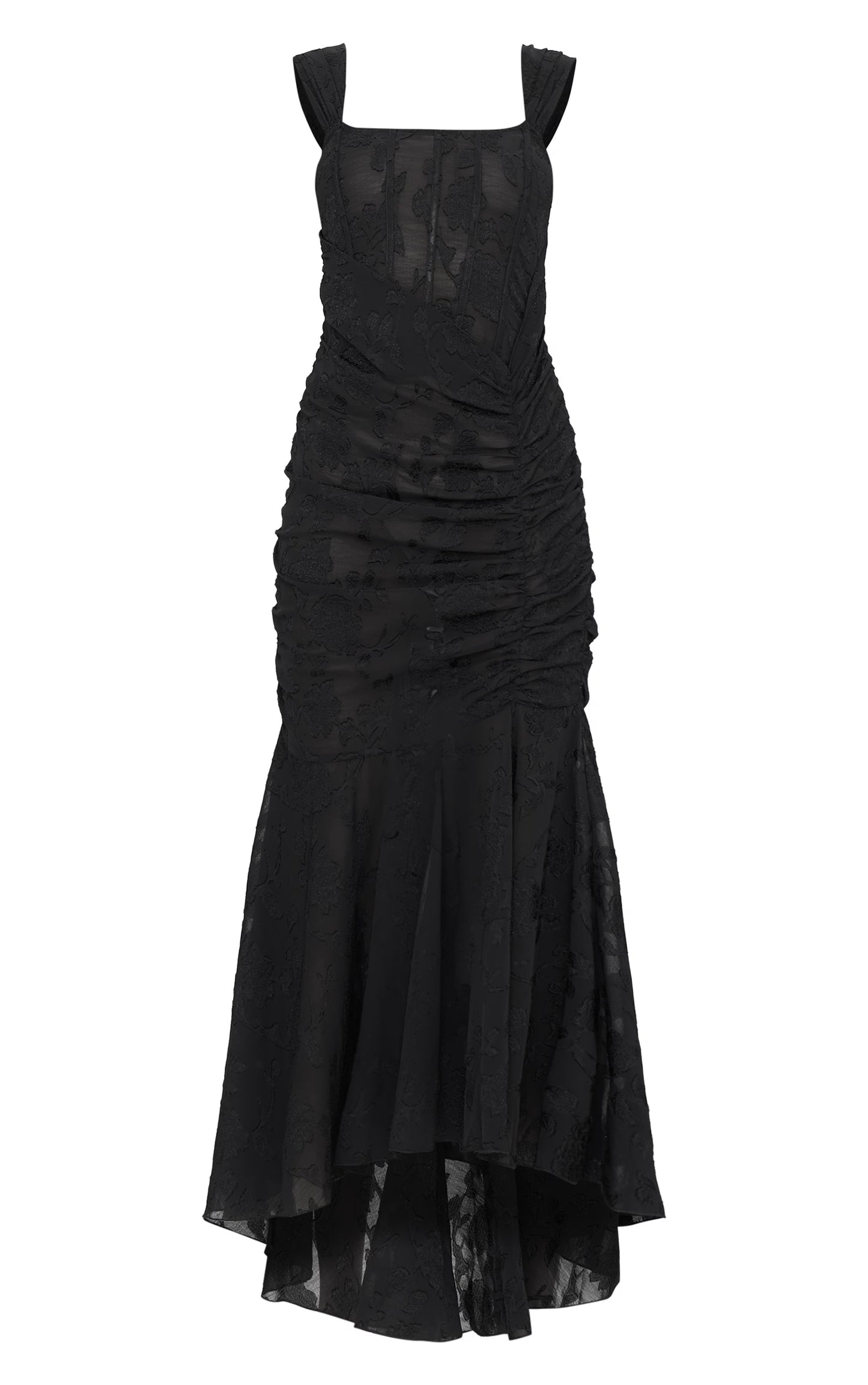 Black Burnout Side Ruched Midi Dress