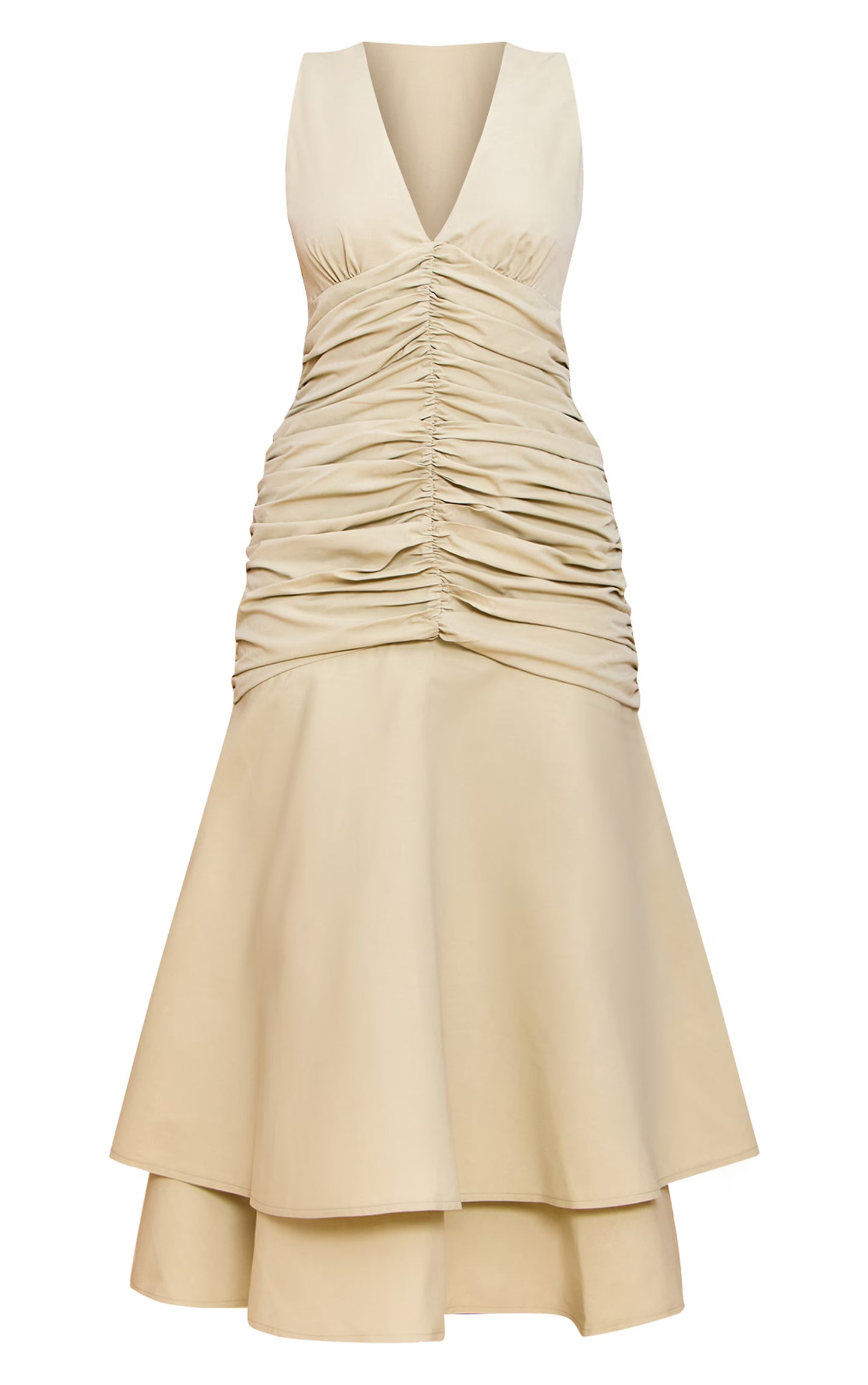 Sage Woven Ruched Dropped Waist Midaxi Dress