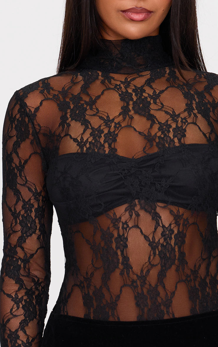 Black Lace High Neck Long Sleeve Bodysuit