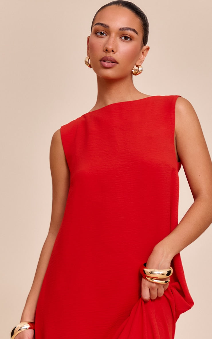 Red Textured Boat Neck Sleeveless Maxi Dress