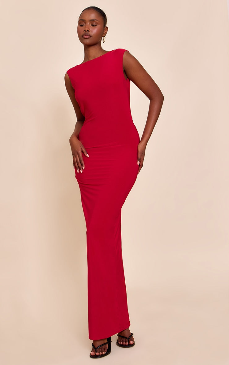 Red Double Layer Slinky Low Back Trim Detail Maxi Dress