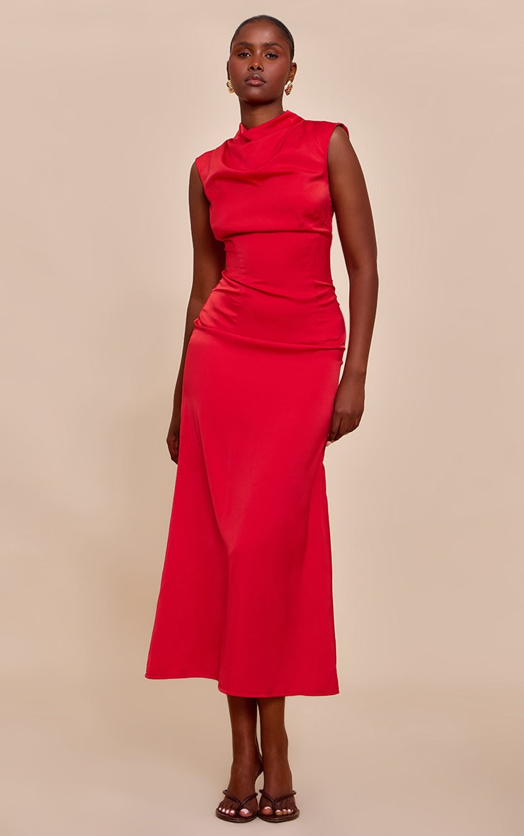 Red Satin Boat Neck Fishtail Midi Dress