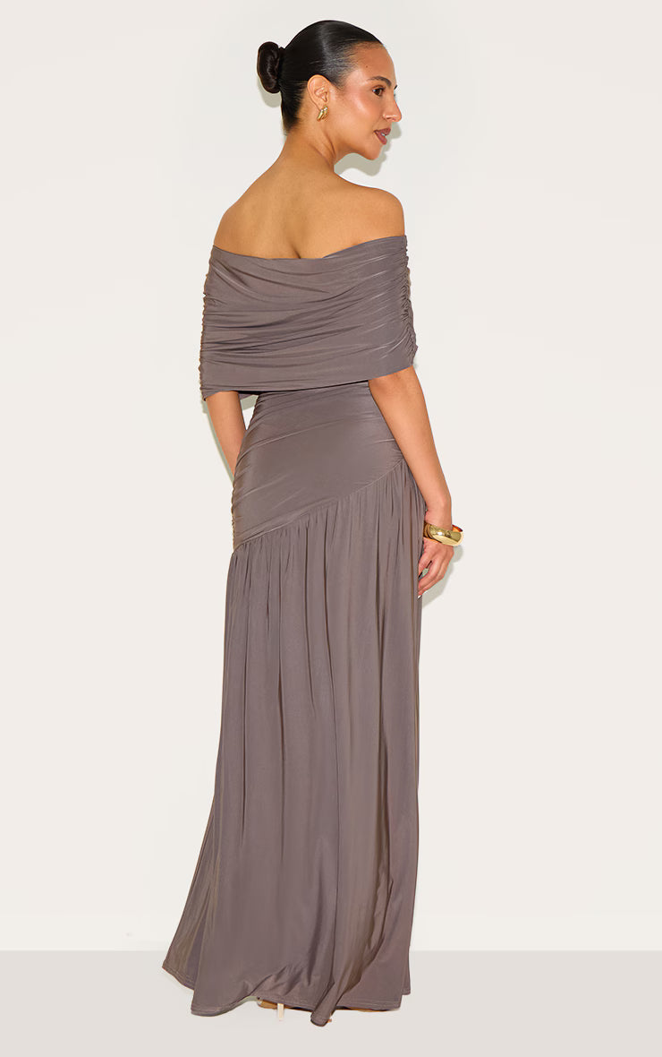Petite Taupe Double Layer Slinky Bardot One Shoulder Ruched Maxi Dress