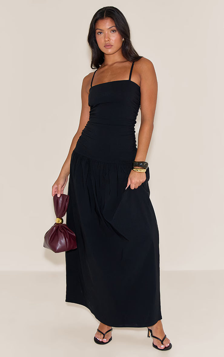 Black Stretch Woven Strappy Ruched Maxi Dress