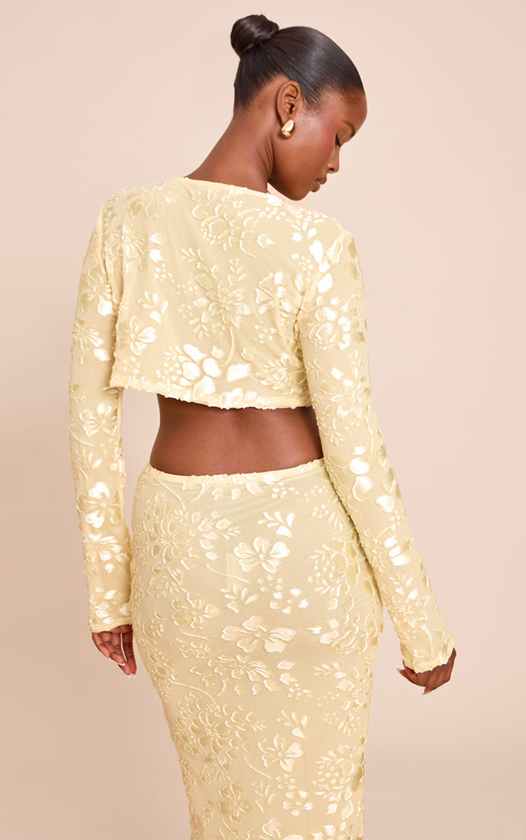 Butter Yellow Floral Sheer Button Cropped Top