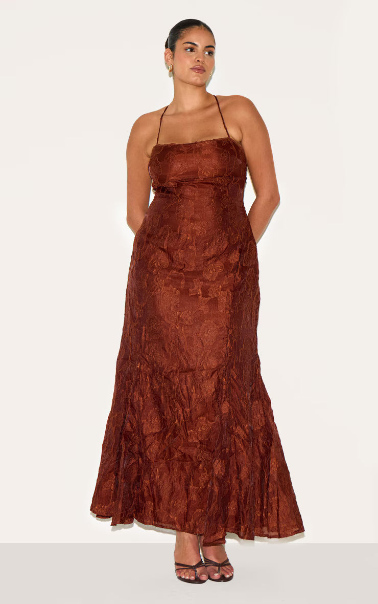 Plus Chestnut Textured Lace Up Back Maxi Dress