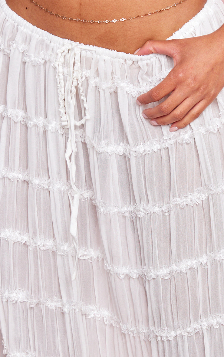White Chiffon Ruched Frill Detail Tiered Maxi Skirt