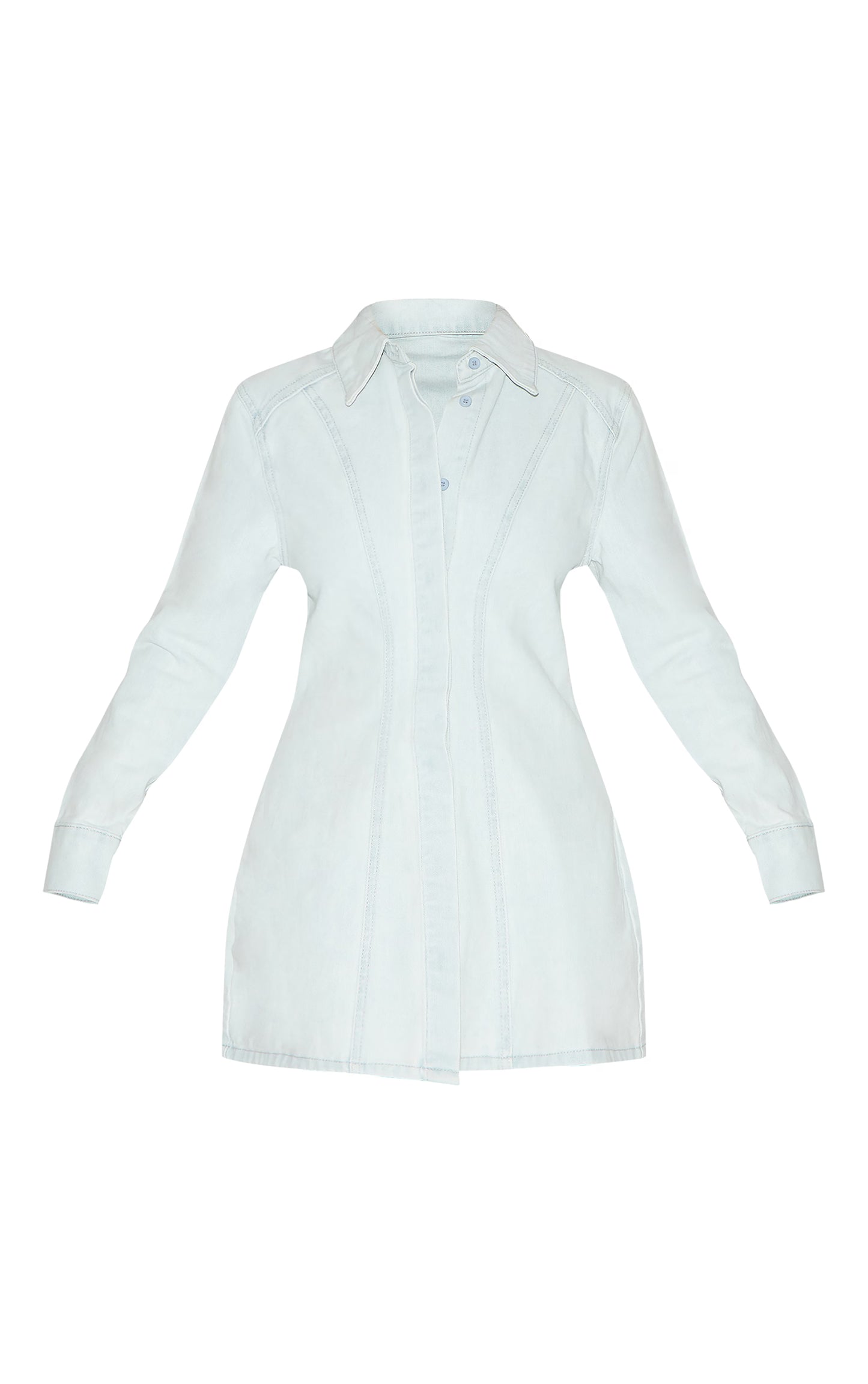 Ice Blue Long Sleeve Cinched Waist Denim Shirt Dress