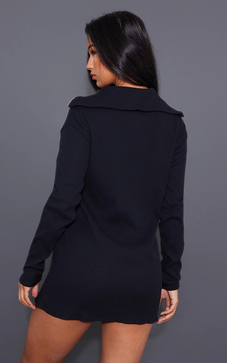 Black Rib High Neck Half Zip Oversized Sweater Dress