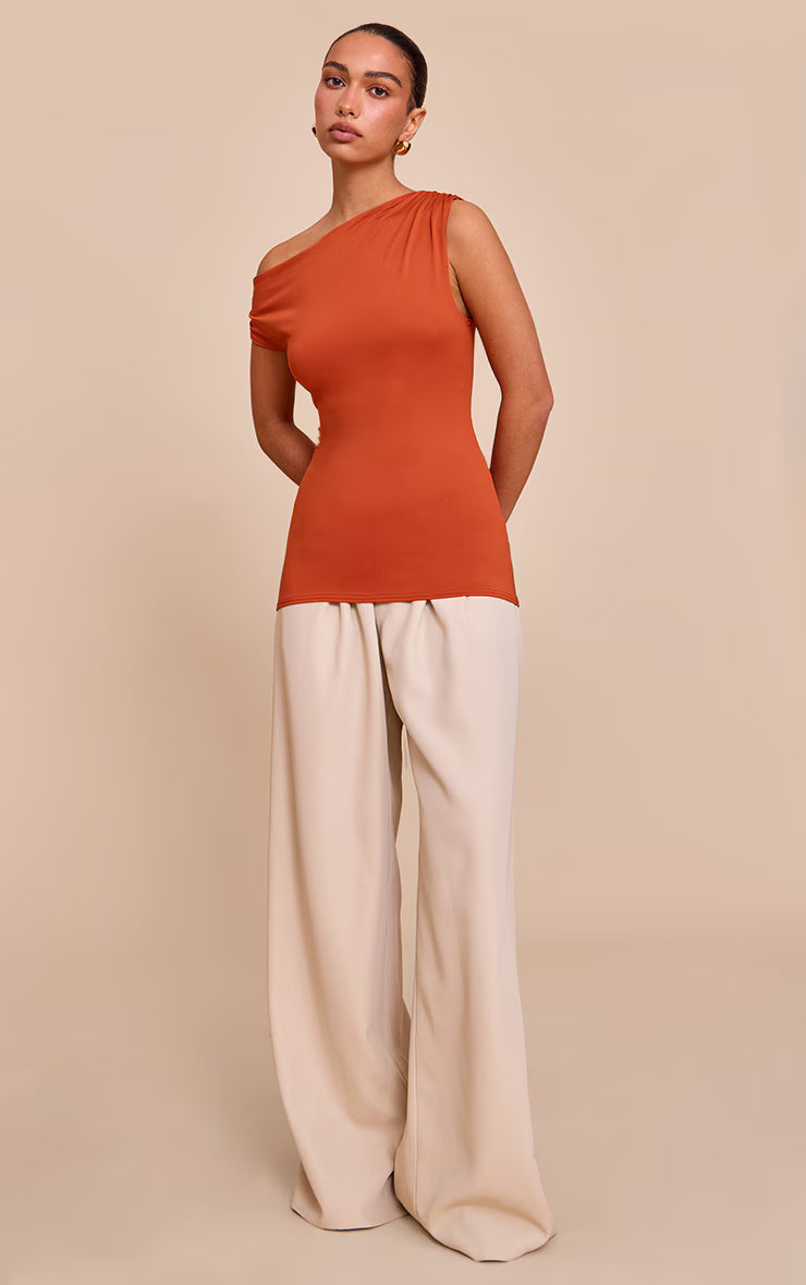Rust Slinky Asymmetric Ruched Detail Long Top