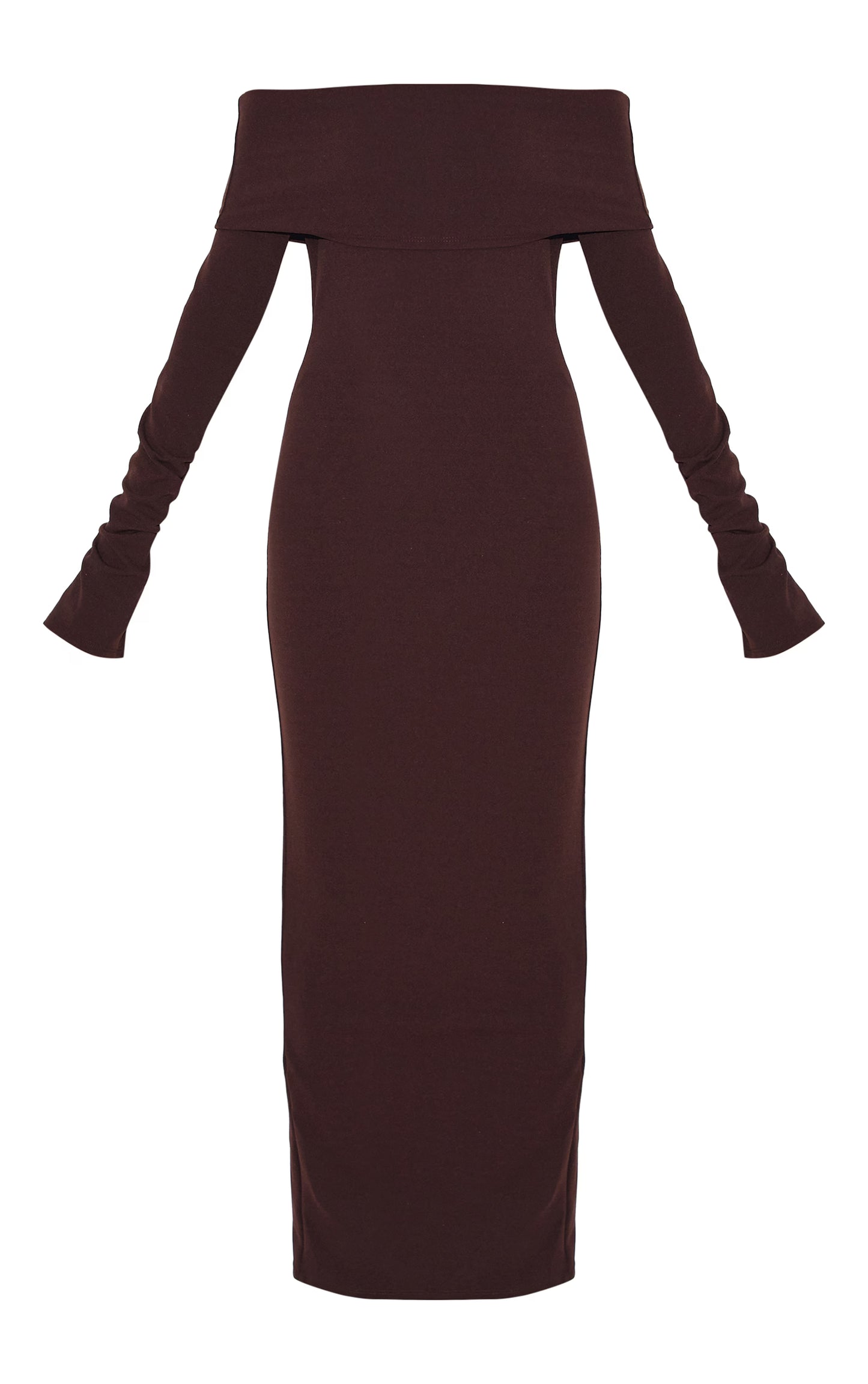 Chocolate Crepe Long Sleeve Bardot Maxi Dress