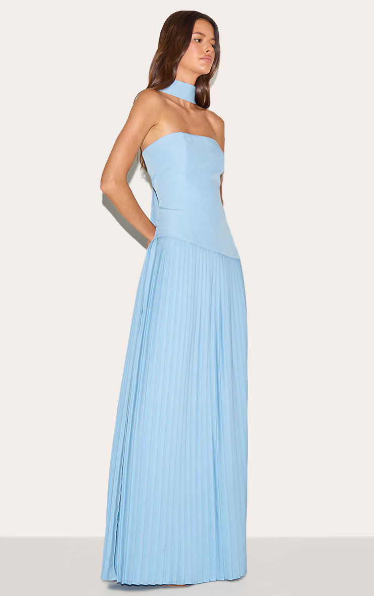Pale Blue Woven Asymmetric Pleated Maxi Dress