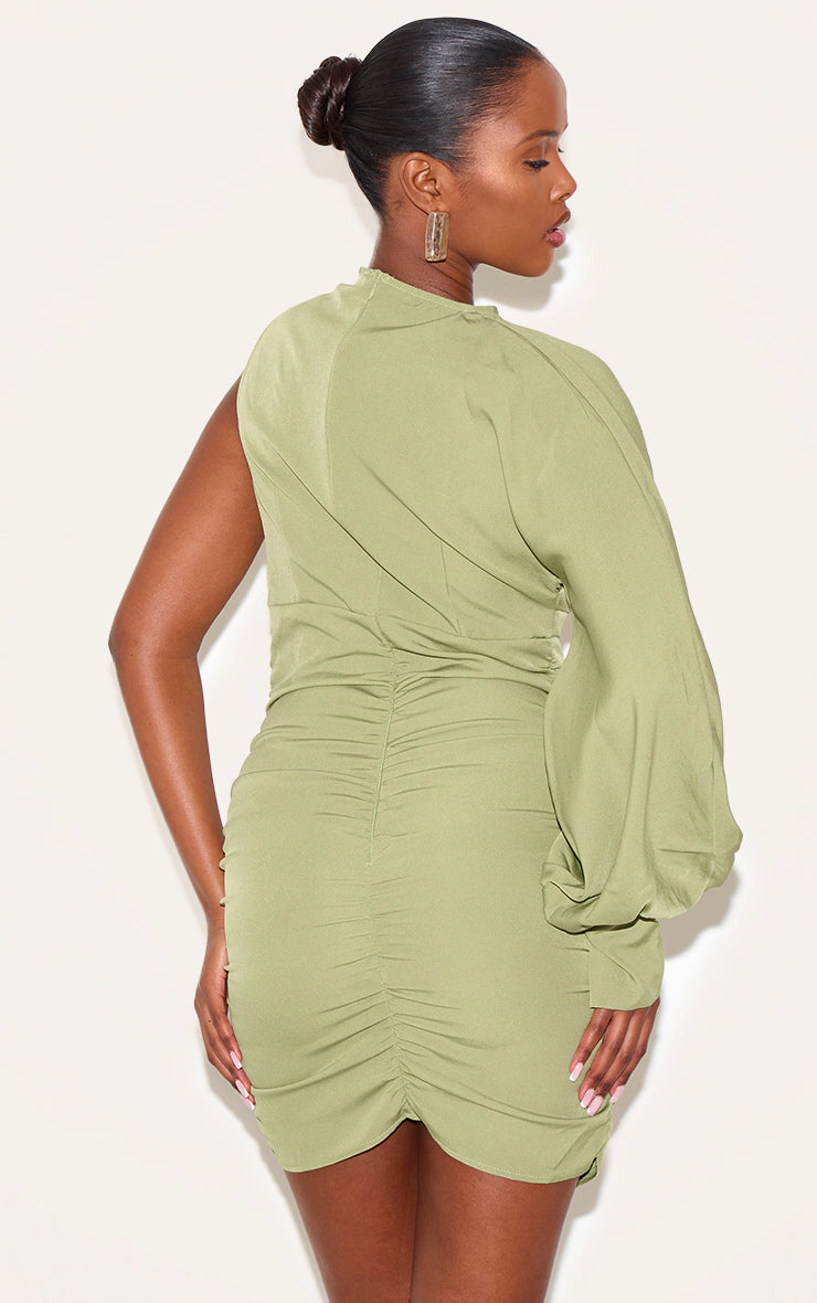 Sage Green One Sleeve Ruched Woven Bodycon Dress