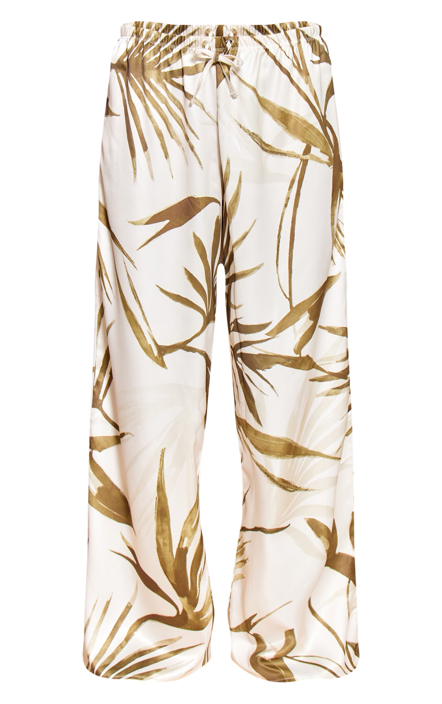 Green Leaf Print Satin Wide Leg Pants