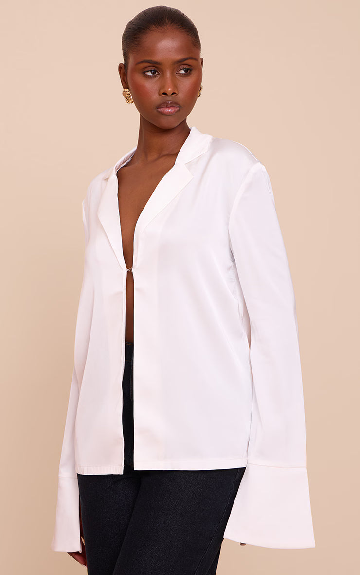 White Satin Hook And Eye Detail Oversized Shirt