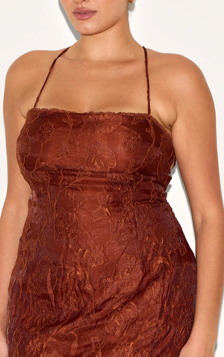 Plus Chestnut Textured Lace Up Back Maxi Dress