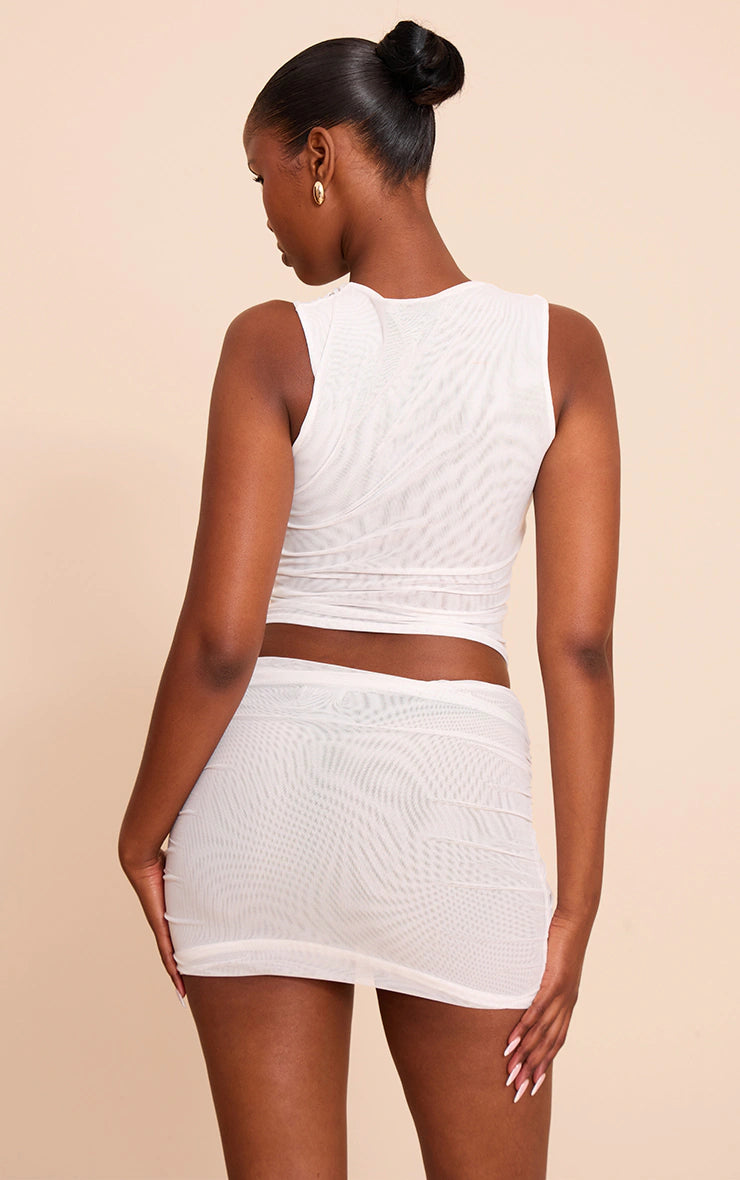 White Mesh Ruched Top