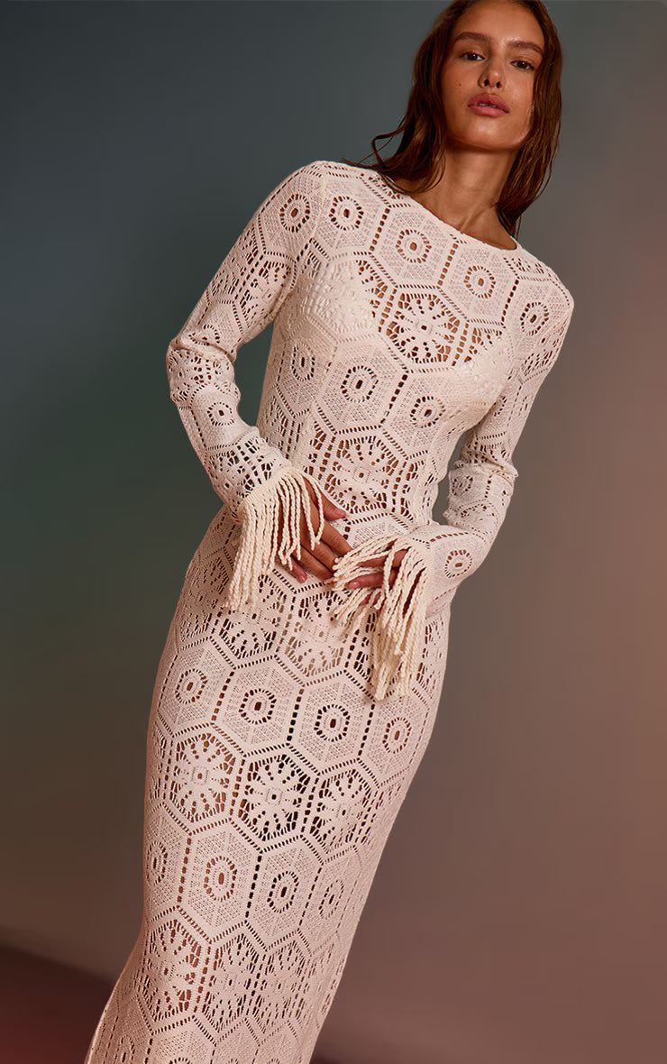 Cream Crochet Tassel Hem Maxi Beach Dress