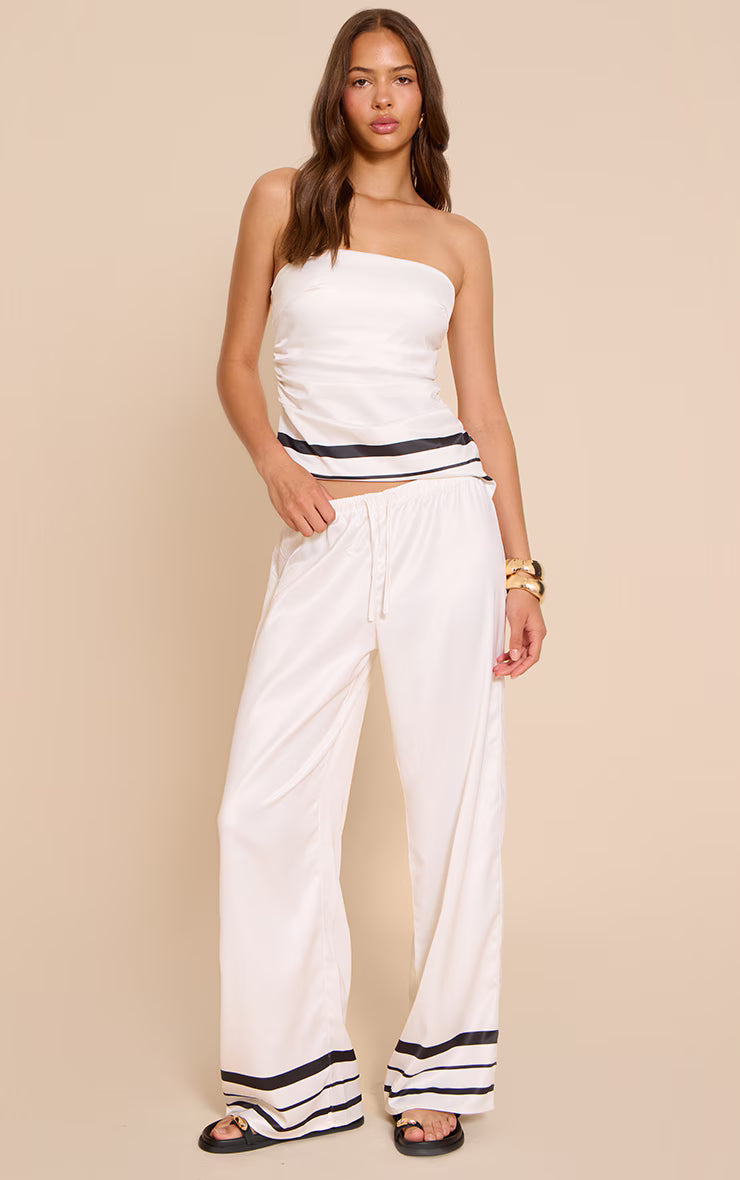 White Satin Striped Ruched Bandeau Top