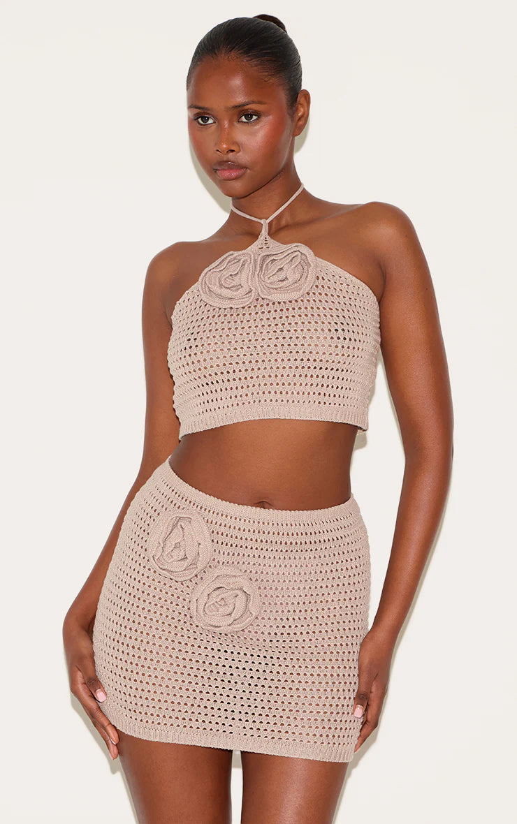 Taupe Flower Applique Crochet Mini Skirt