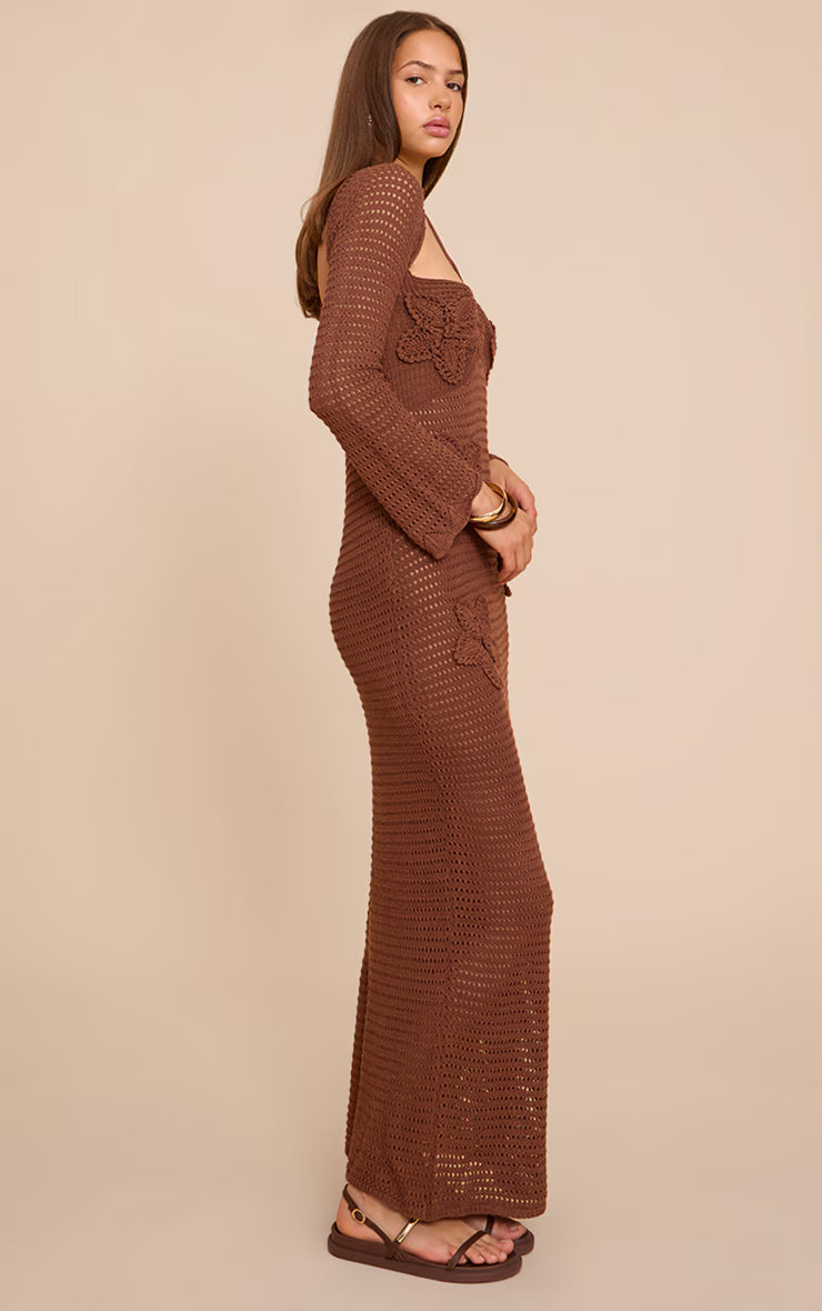 Chocolate Flower Applique Long Sleeve Crochet Maxi Dress