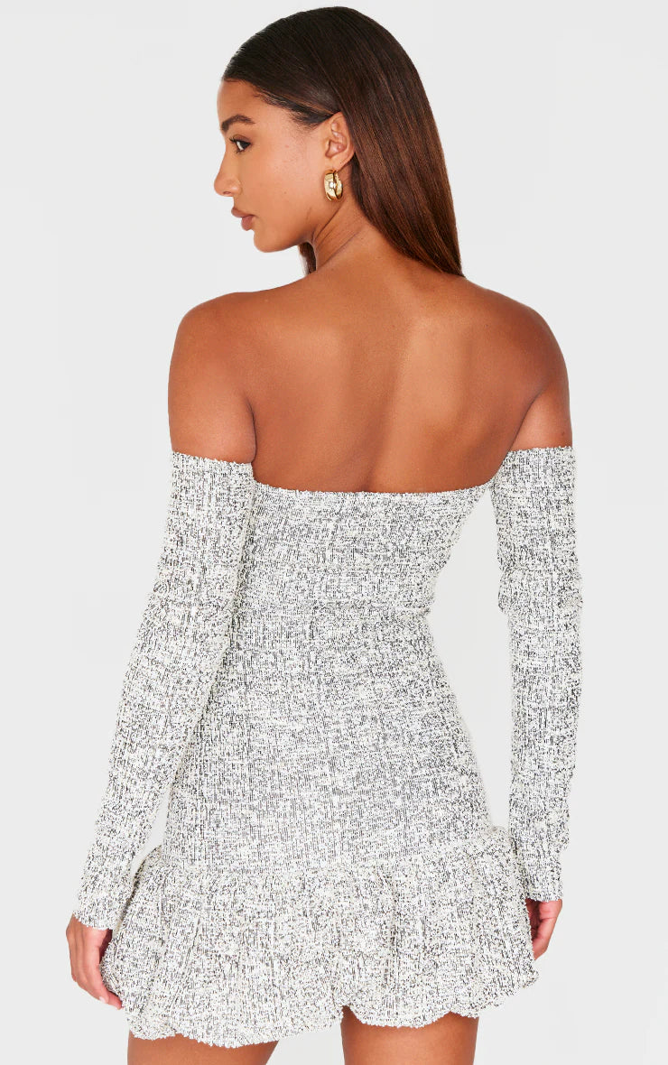 Monochrome Bardot Boucle Puffball Mini Dress