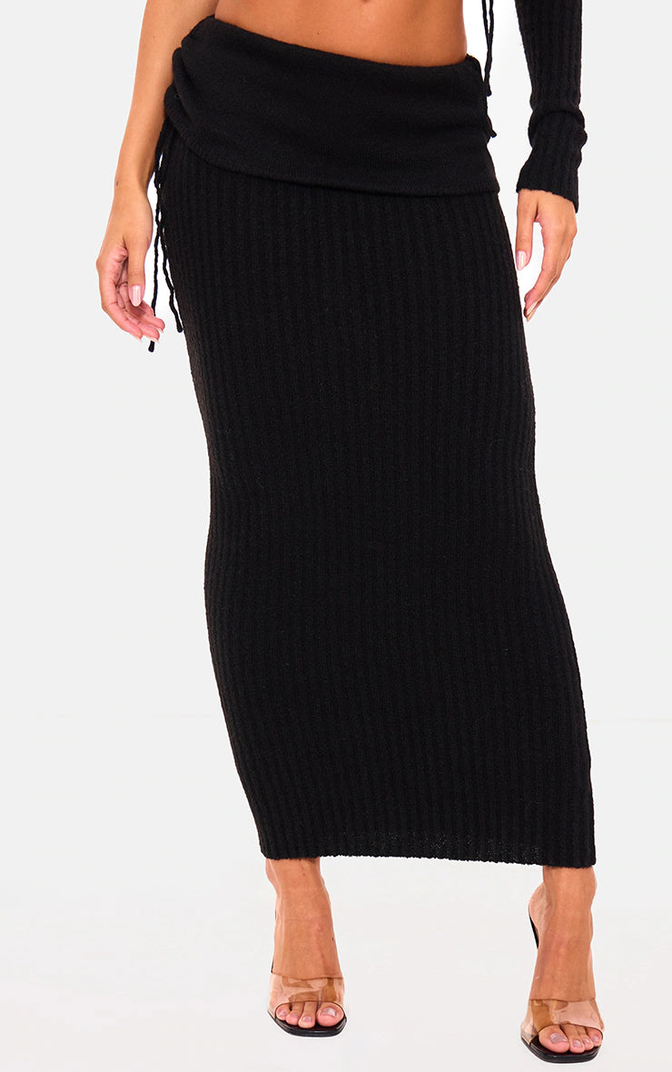 Black Ribbed Knit Ruched Fold Over Maxi Skirt