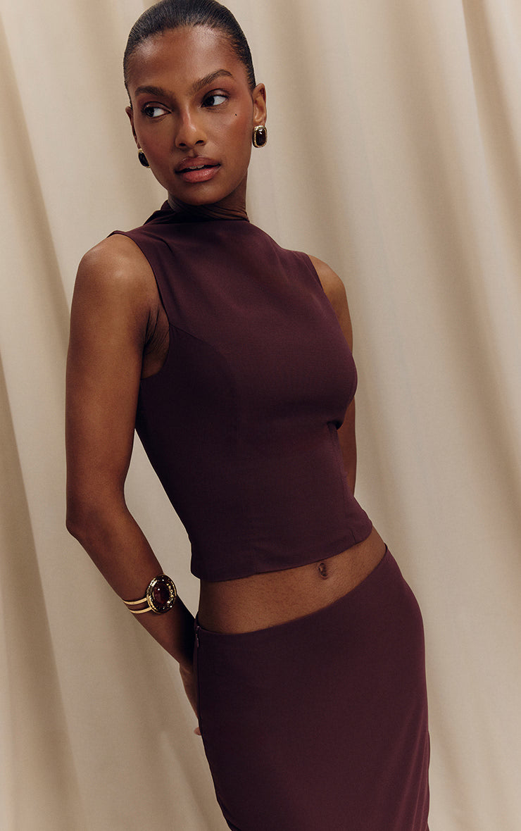 Dark Plum Chiffon High Neck Cowl Top