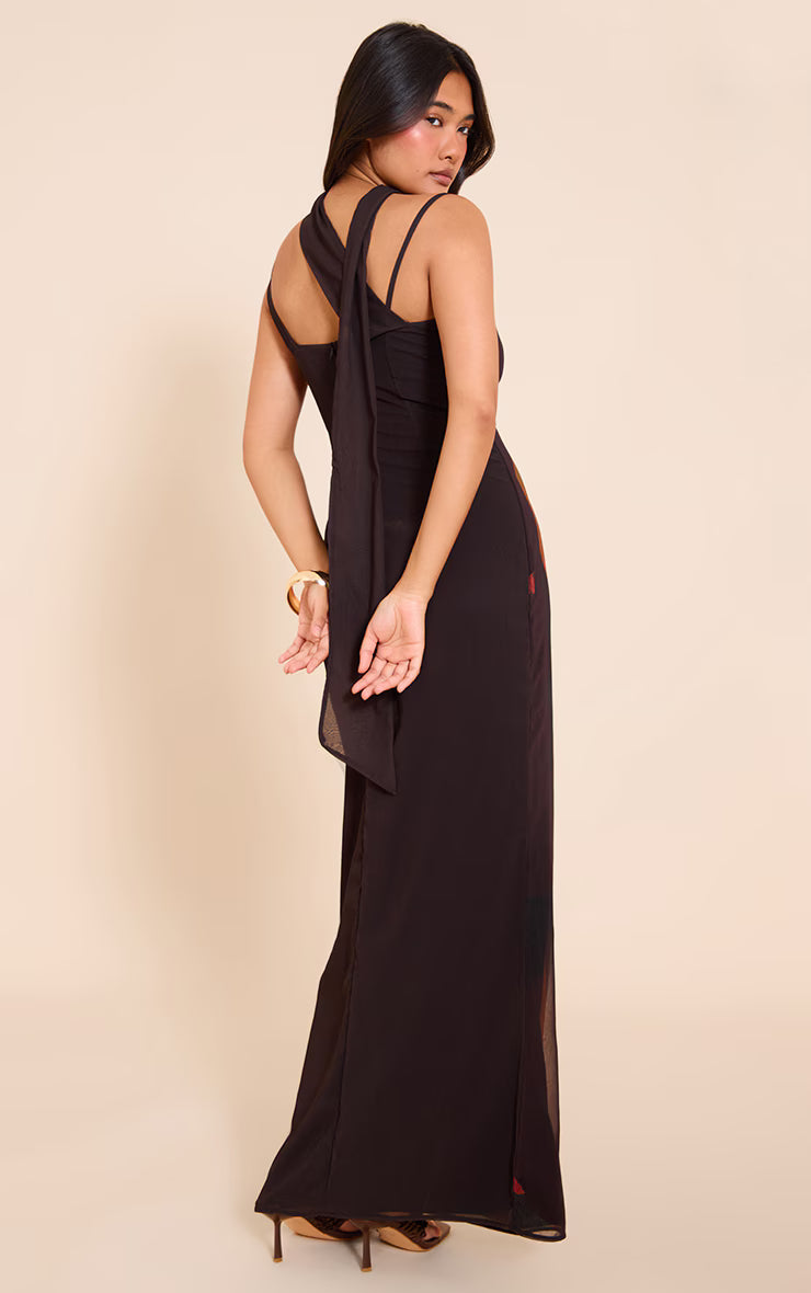 Black Floral Print Chiffon Scarf Maxi Dress