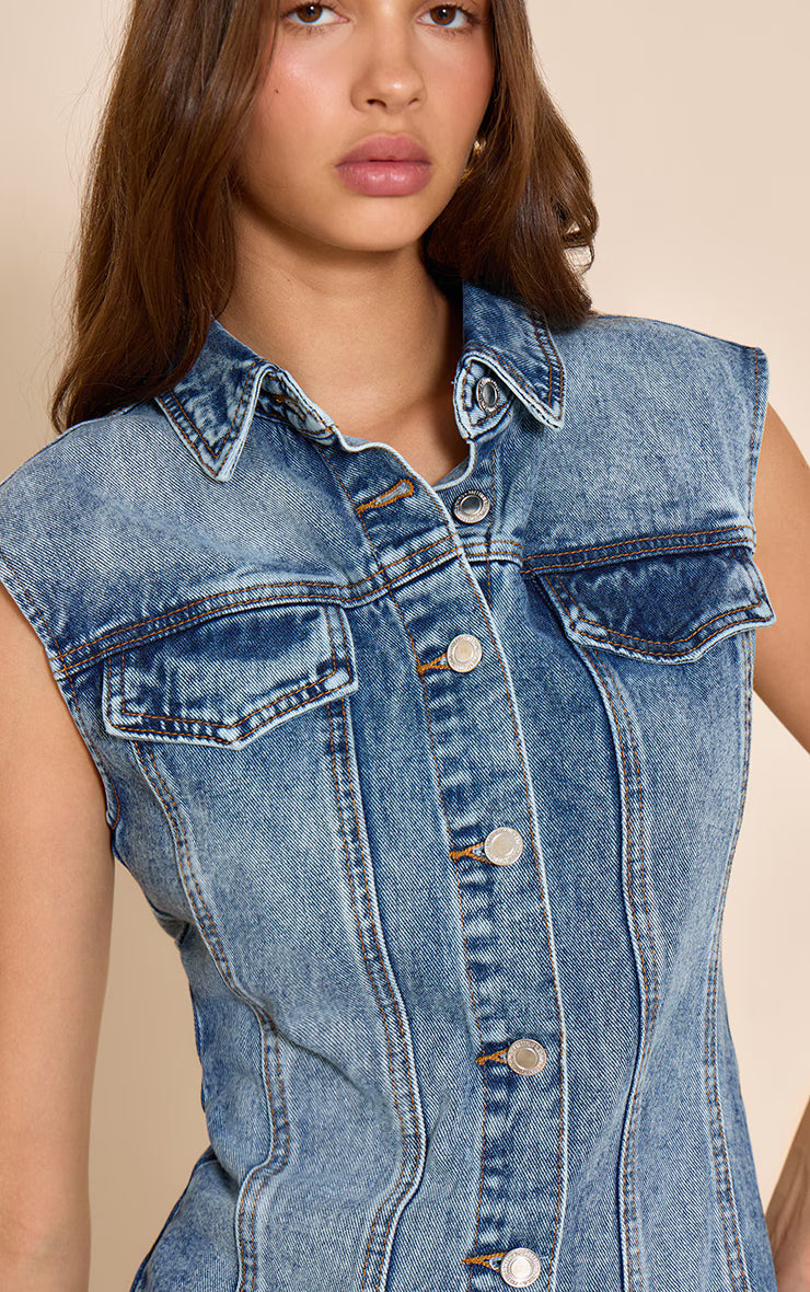 Mid Blue Wash Boxy Shoulder Denim Shirt Dress