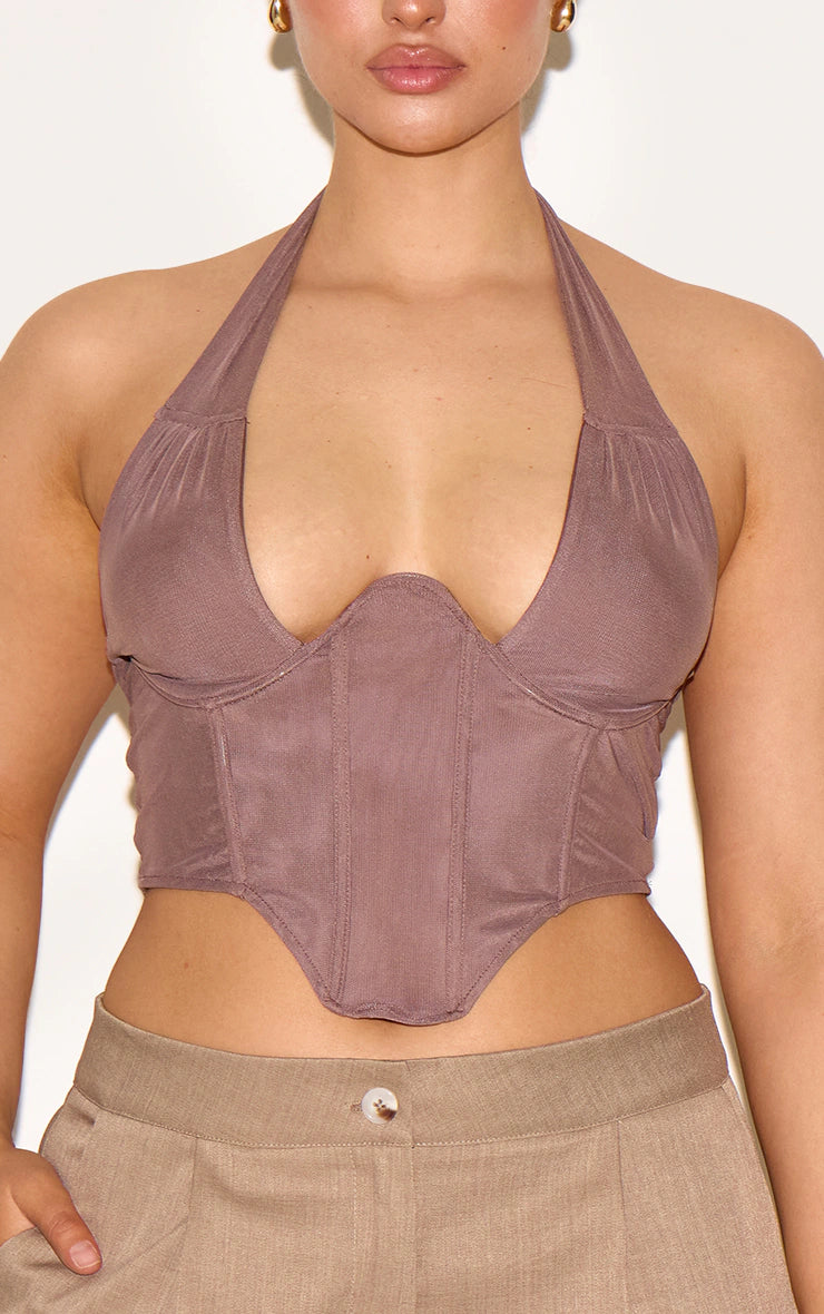 Shape Brown Double Layered Mesh Tie Neck Corset Top