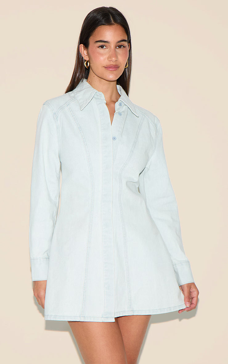 Ice Blue Long Sleeve Cinched Waist Denim Shirt Dress