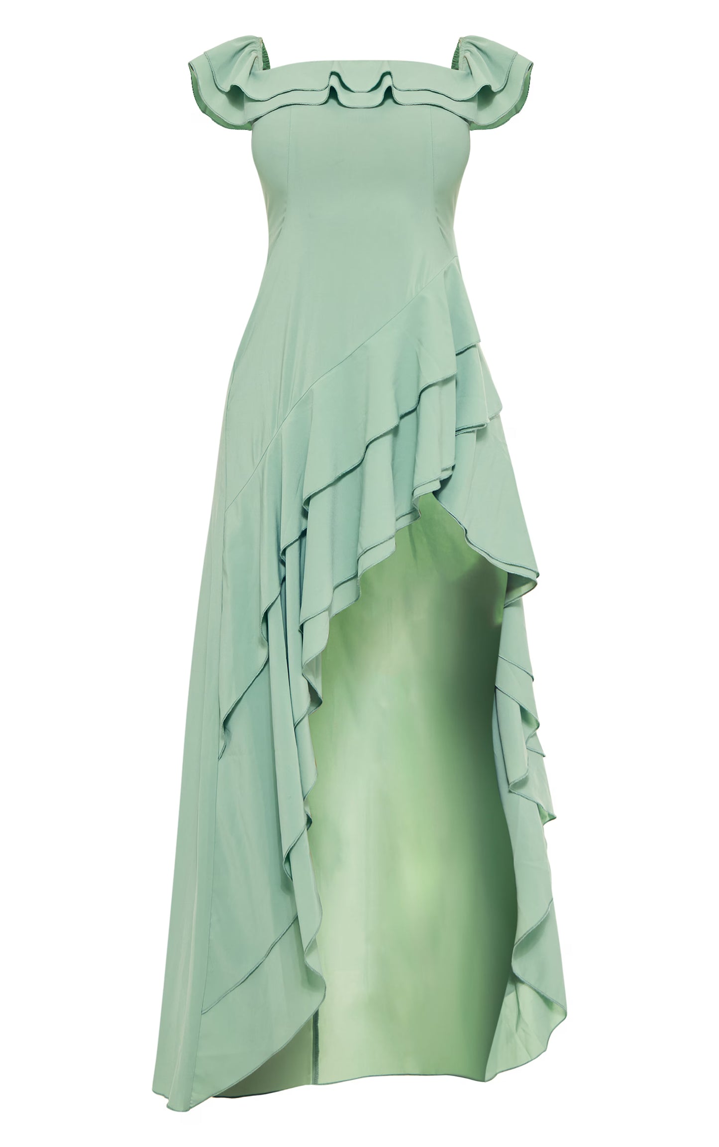 Sage Green Bardot Ruffle Detail Midi Dress