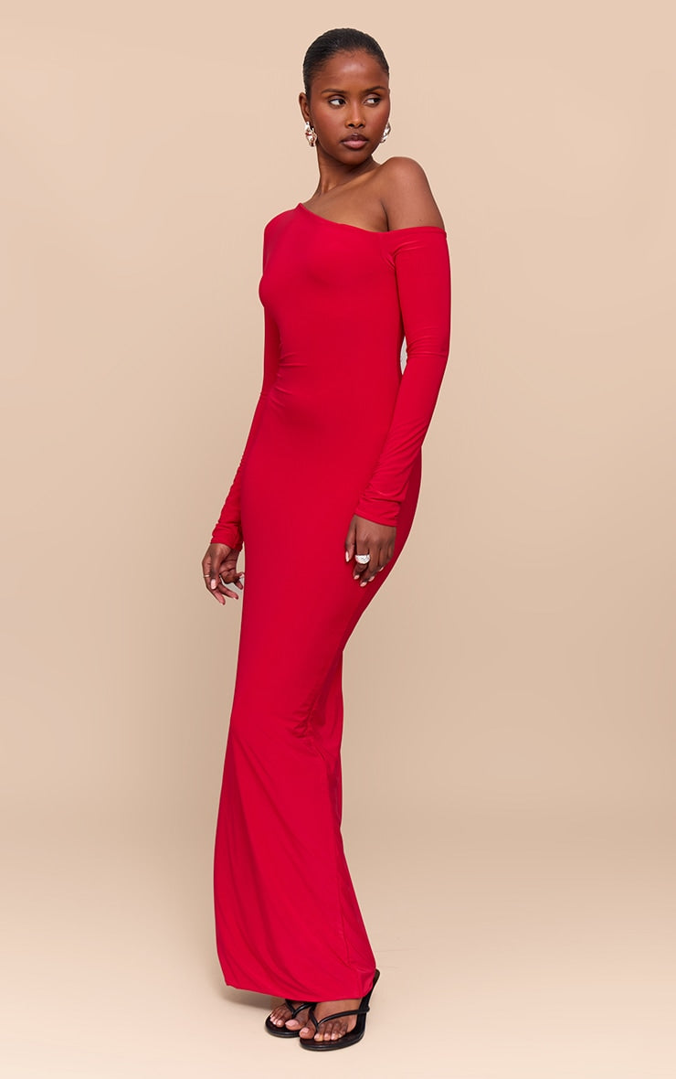 Red Double Slinky Asymmetric Neckline Maxi Dress
