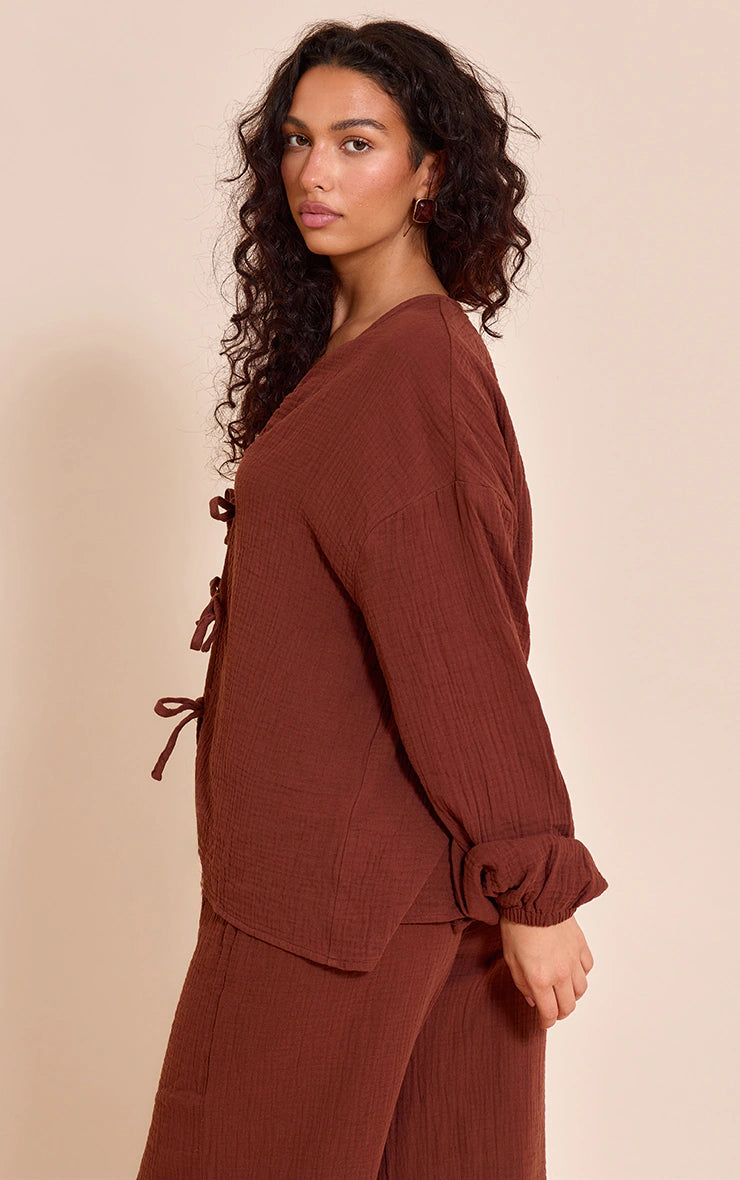 Dark Brown Cheesecloth Textured Tie Front Shirt