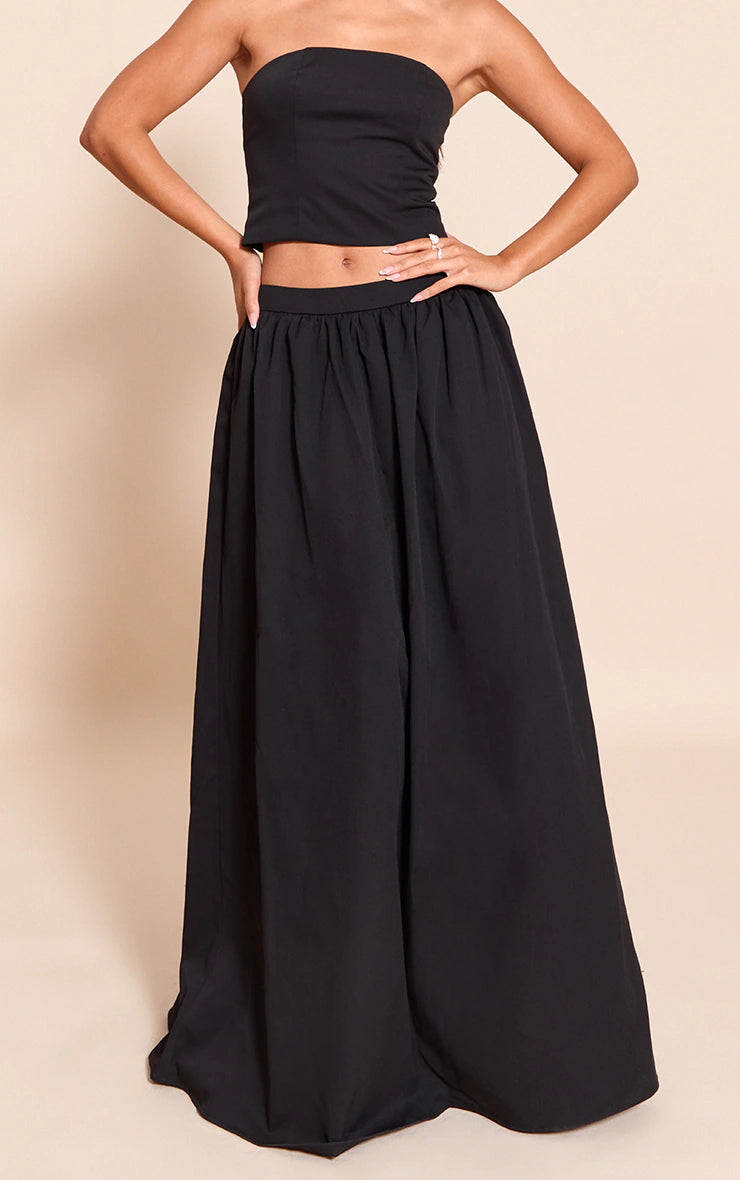 Black Woven Band Detail Pleated Maxi Skirt