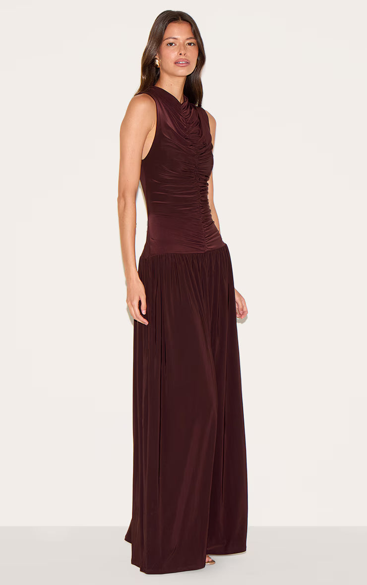 Chocolate Double Layer Soft Touch Drop Waist Ruched Maxi Dress