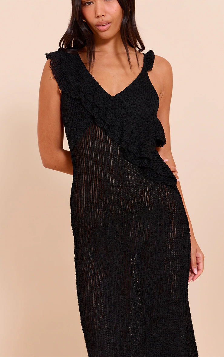 Black Textured Asymmetric Neck Maxi Dress