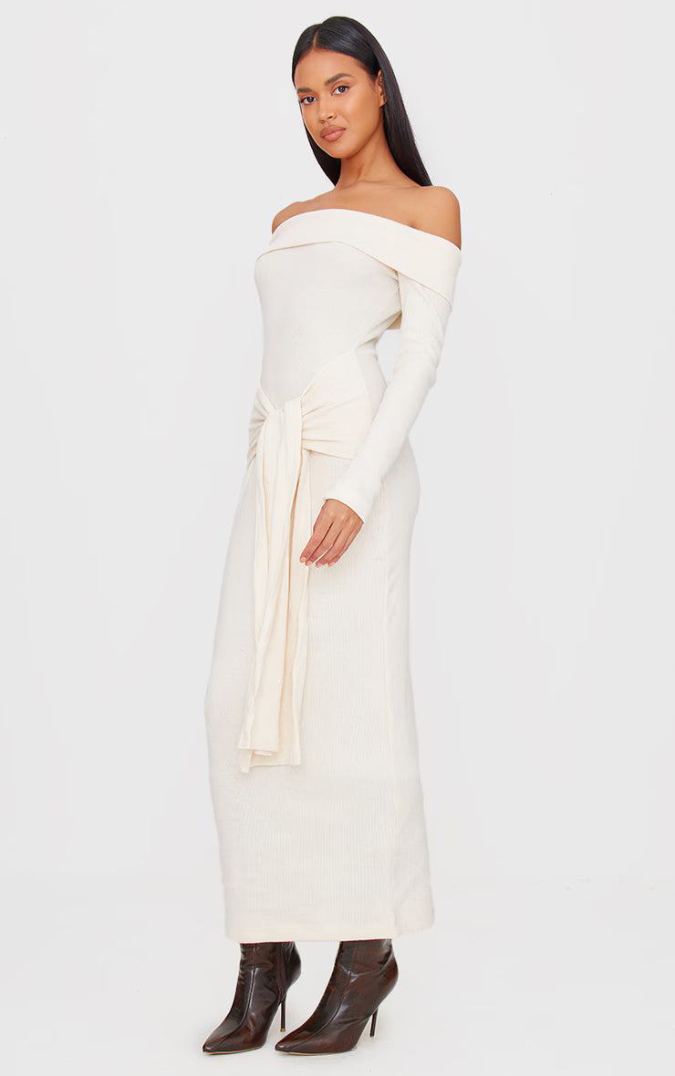 Cream Heavy Brushed Rib Bardot Wrap Detail Maxi Dress