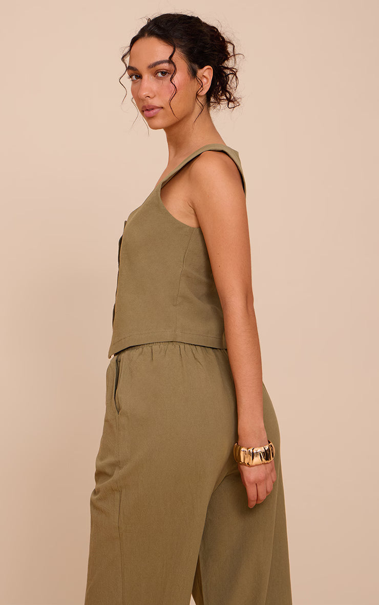 Khaki Tailored Linen Look Scoop Neck Fitted Vest