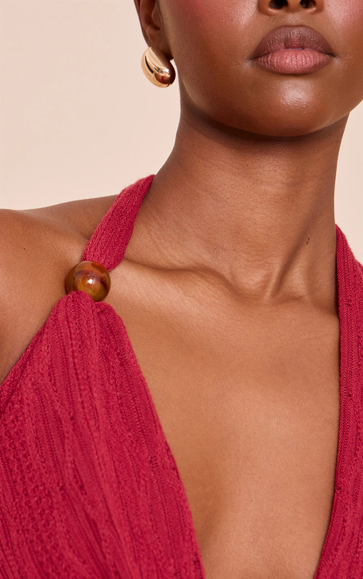 Red Textured Bead Cowl Tie Back Top